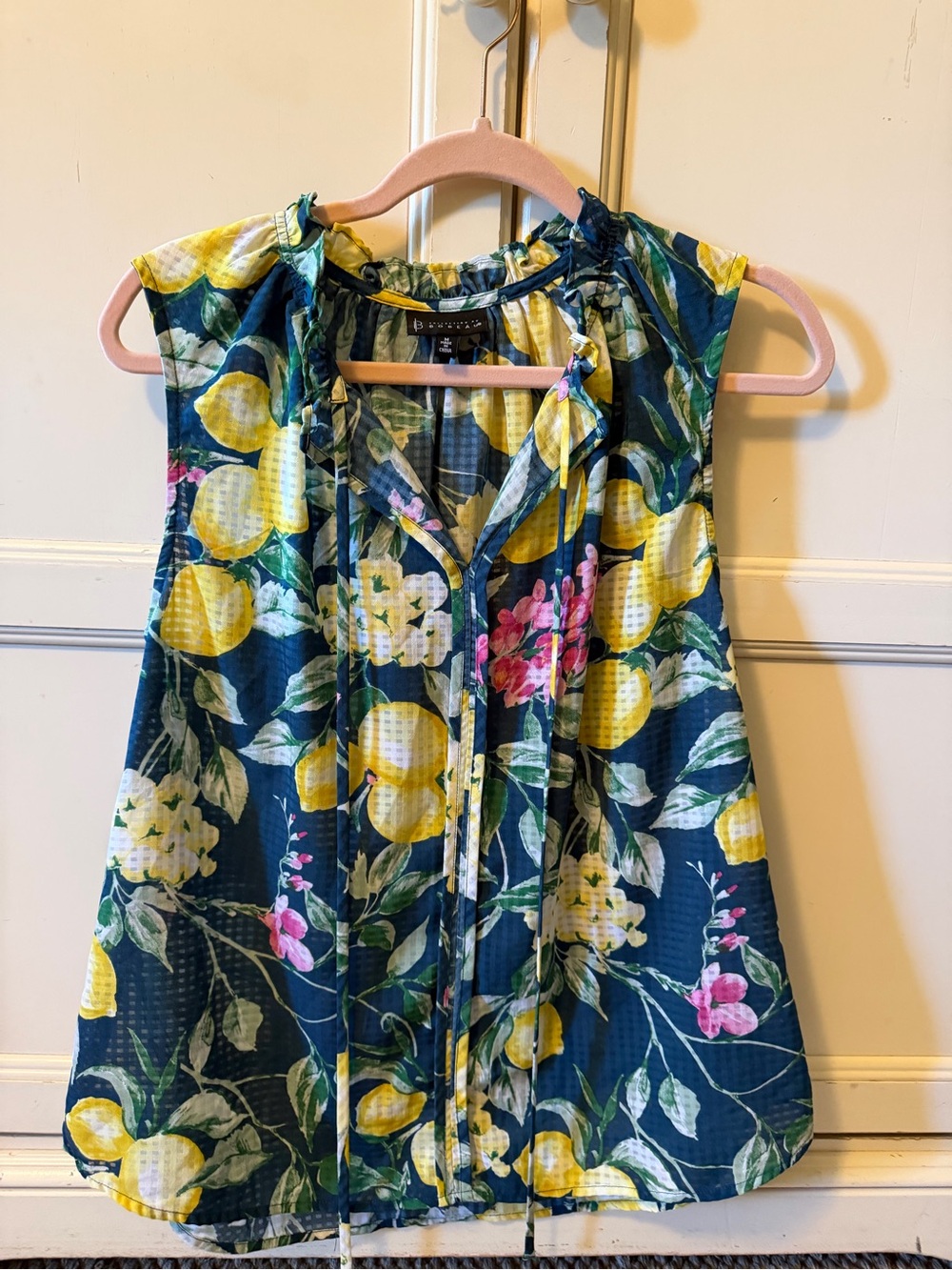 Bobeau Navy Floral Lemon Tie-Neck Blouse